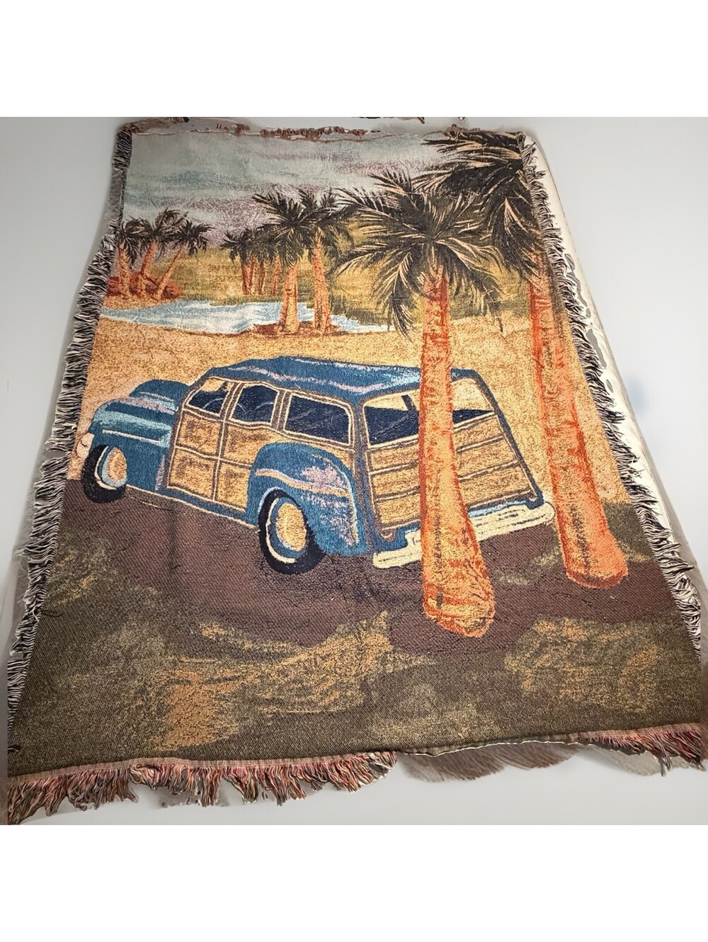 Vintage Style Tapestry Throw Blanket Woody Station Wagon Palm Trees Beach Fringe